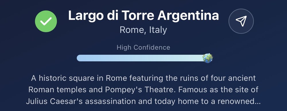 Detail showing a green check, the place name, a High Confidence bar and an AI summary